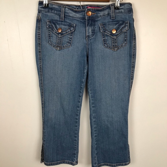 GLO jeans Denim - GLO Jeans Junior Size 5 Blue Side Slit Snap Pocket Capri Denim Jean 30" Waist